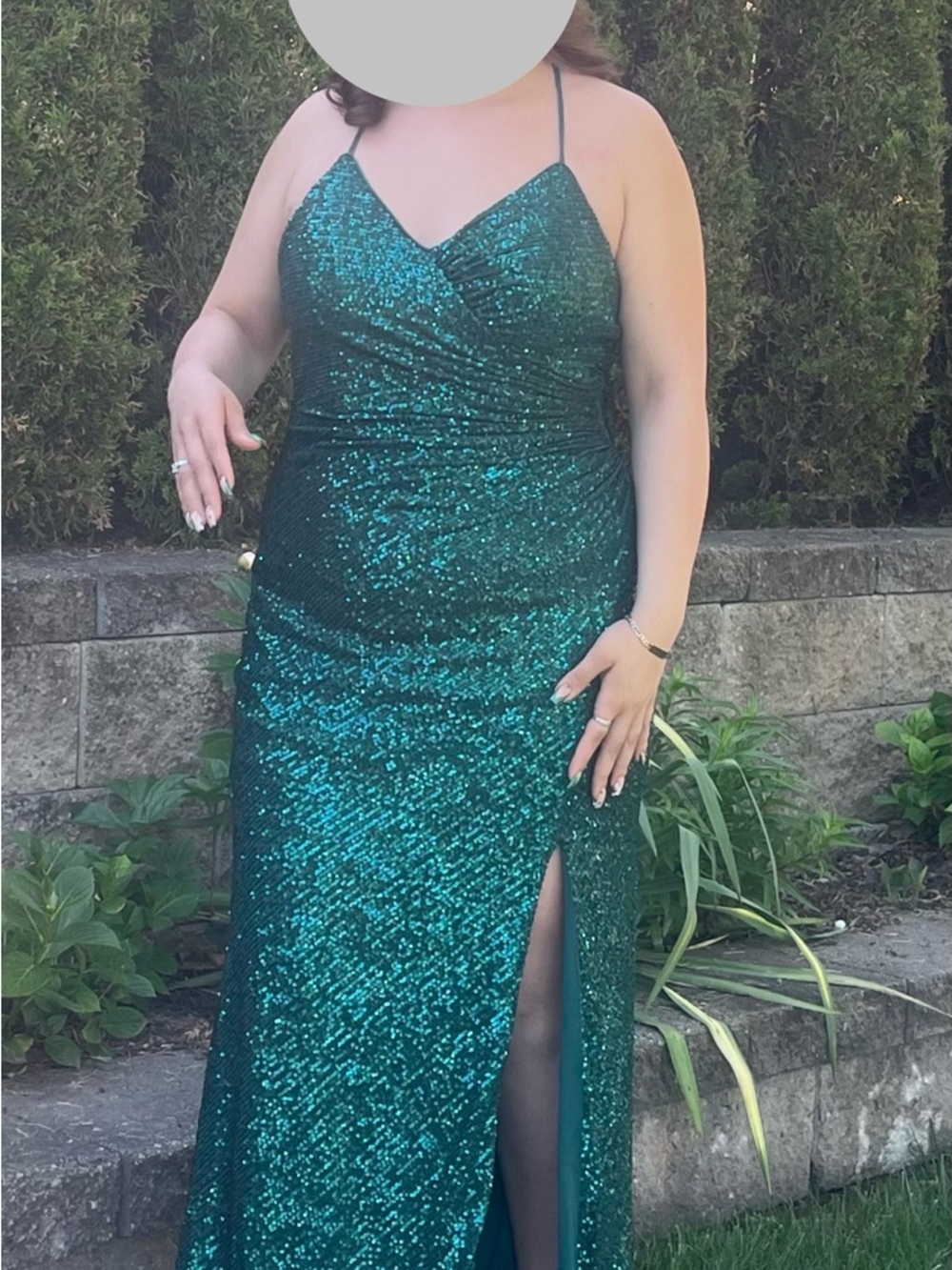 Plus Size Green Sequin Spaghetti Strap Prom Dress with Thigh Slit